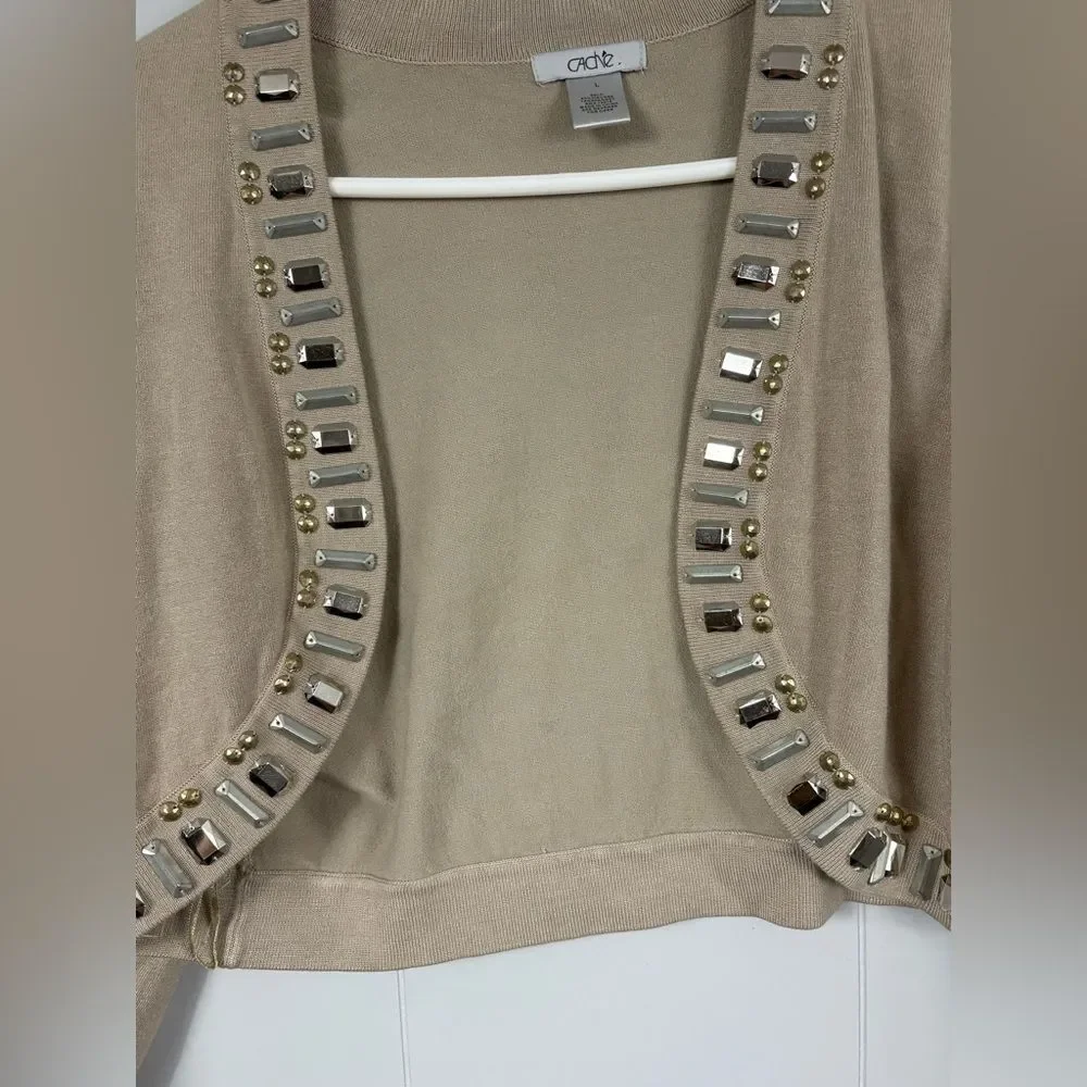 Cache Vintage Y2K Tan Beaded Crop Cardigan Large Workwear Casual Old Money